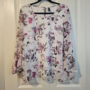 DENVER HAYES Womens White Floral Blouse top with Ruffled Sleeves Flowy, SZ M